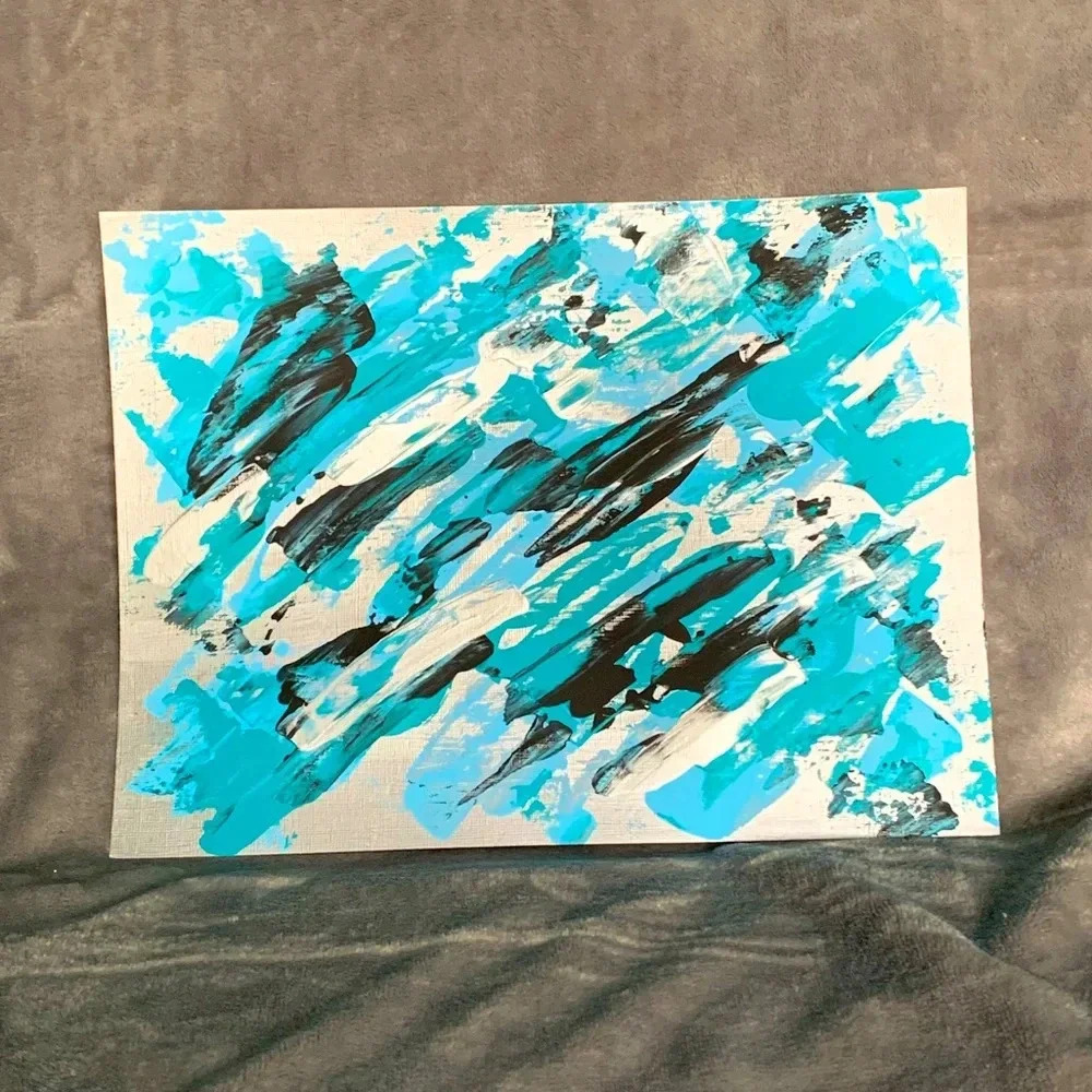 NEW Original silver, teal, blue and black art 9x12
